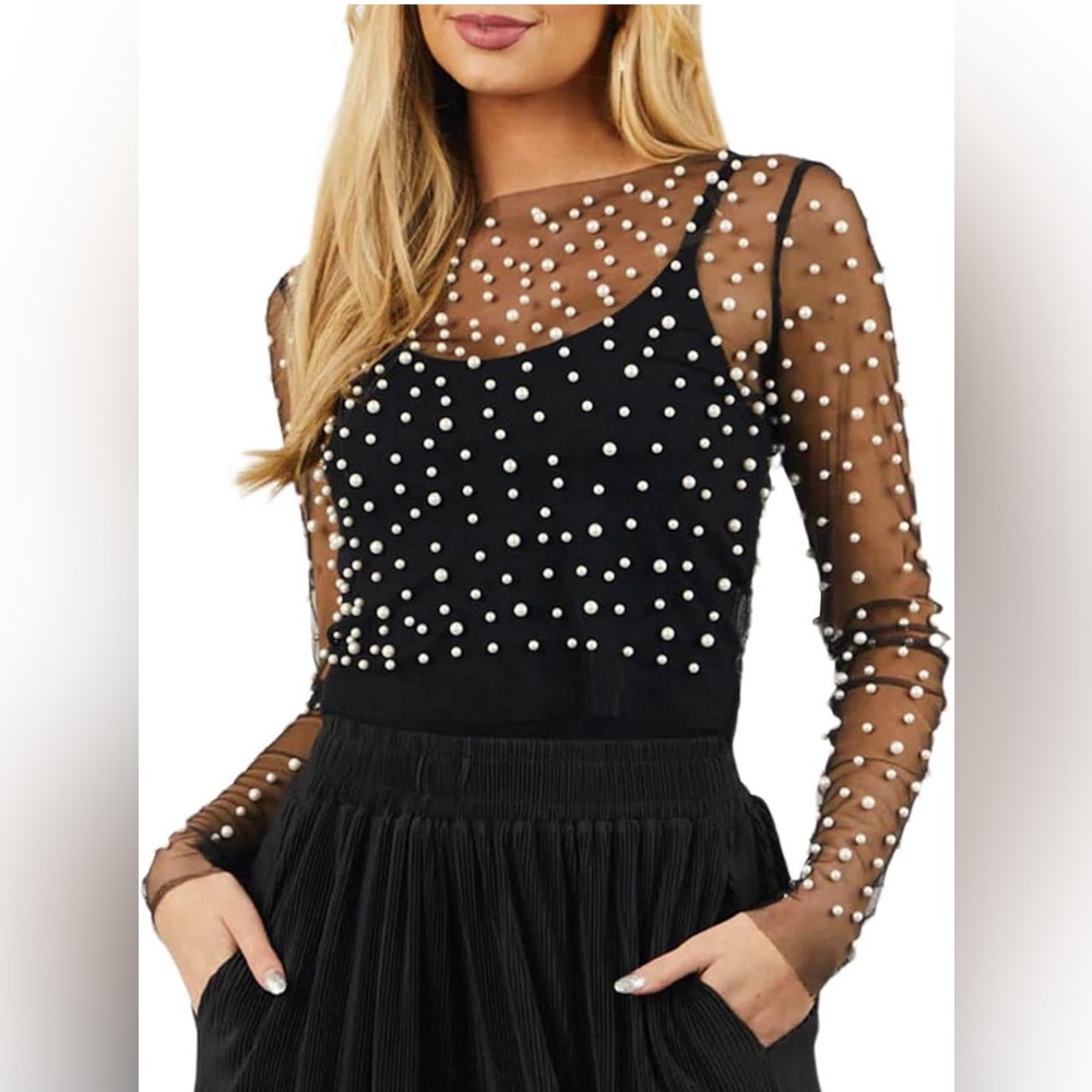 NWOT - Black Mesh Pearl Long Sleeve Top - Size Juniors XL